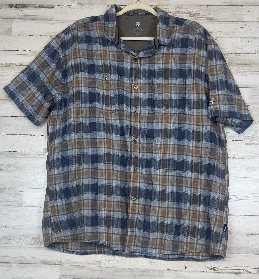 Kuhl Mens XXL Linen Cotton Plaid Short Sleeve Button Up Shirt Hiking Outdoor